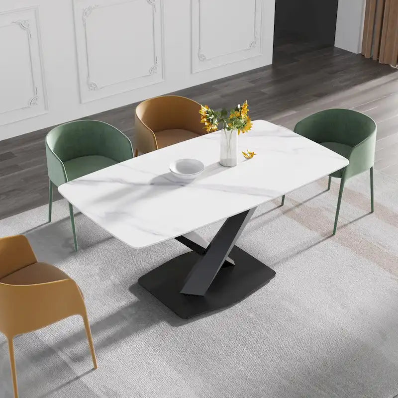 63 Modern Dining Table with Slate Stone Top and Metal Legs, Marble Dining Table