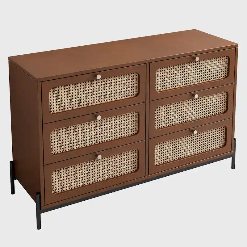 Modern Cannage Rattan Wood Closet 6-Drawer Dresser
