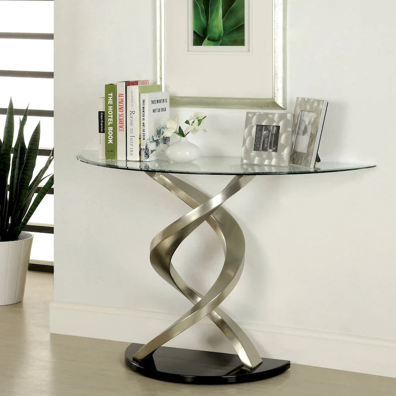 Sele Contemporary Silver 45-inch Glass Top Half-moon Sofa Table by Furniture of America