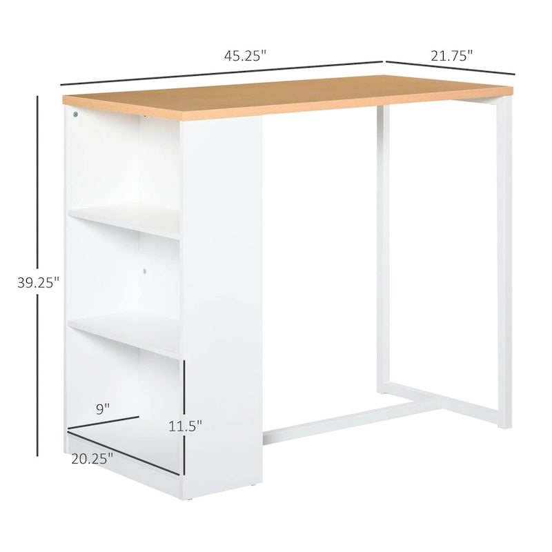 HOMCOM Bar Table with 3-Tier Storage Shelf, Pub Desk, Metal Frame, and Thick Tabletop for Kitchen, White