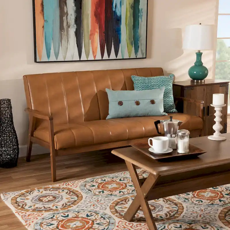 Nikko Tan Faux Leather and Walnut finished Wood Sofa