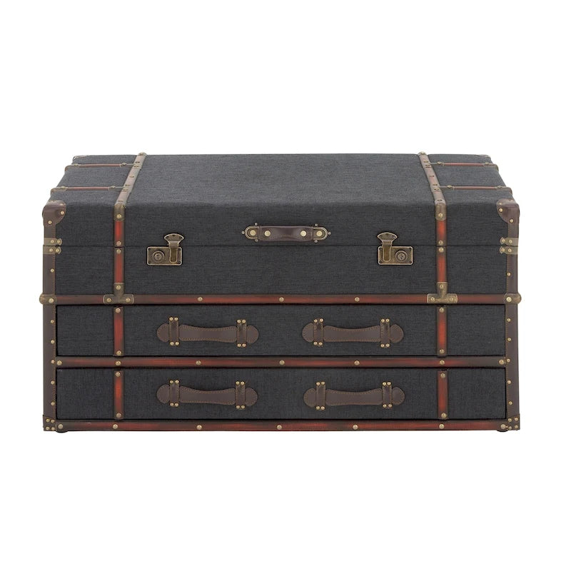 Faux Leather or Linen Fabric Trunk 2 Drawer Coffee Table with Buckle Hinged Top - Dark Blue or Brown - Roche River Decor