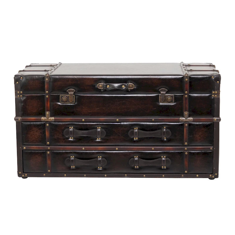 Faux Leather or Linen Fabric Trunk 2 Drawer Coffee Table with Buckle Hinged Top - Dark Blue or Brown - Roche River Decor