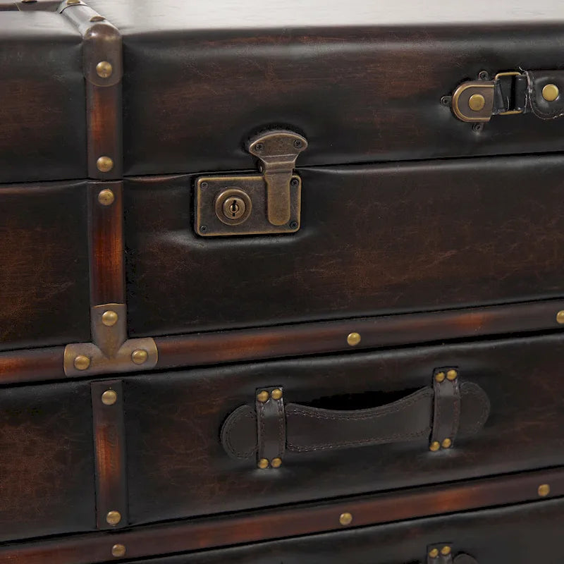 Faux Leather or Linen Fabric Trunk 2 Drawer Coffee Table with Buckle Hinged Top - Dark Blue or Brown - Roche River Decor
