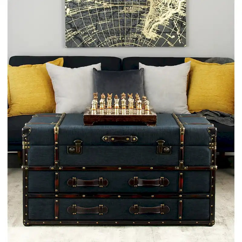 Faux Leather or Linen Fabric Trunk 2 Drawer Coffee Table with Buckle Hinged Top - Dark Blue or Brown - Roche River Decor