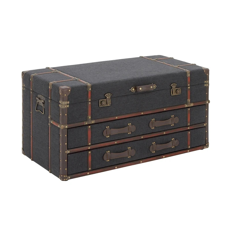 Faux Leather or Linen Fabric Trunk 2 Drawer Coffee Table with Buckle Hinged Top - Dark Blue or Brown - Roche River Decor
