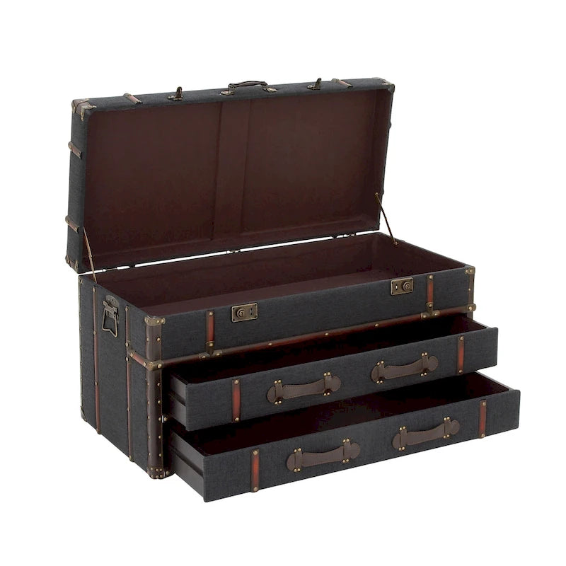 Faux Leather or Linen Fabric Trunk 2 Drawer Coffee Table with Buckle Hinged Top - Dark Blue or Brown - Roche River Decor