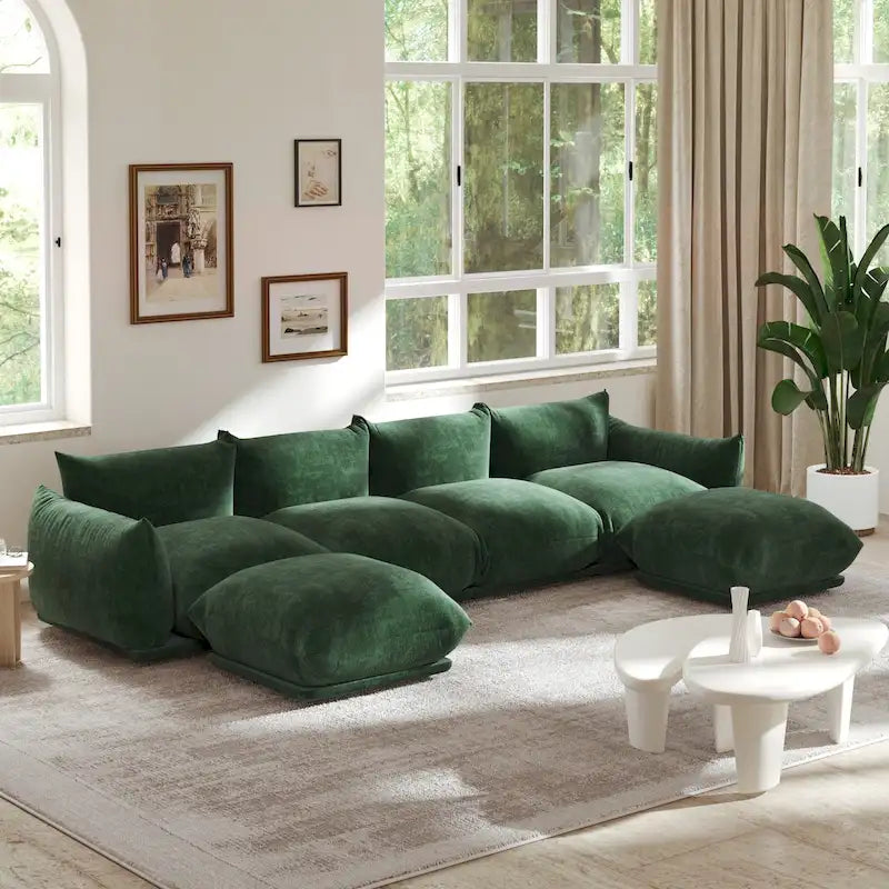 Chenille Fabric Sectional Sofa U-shaped 4-seats Sofa with 2 Ottomans