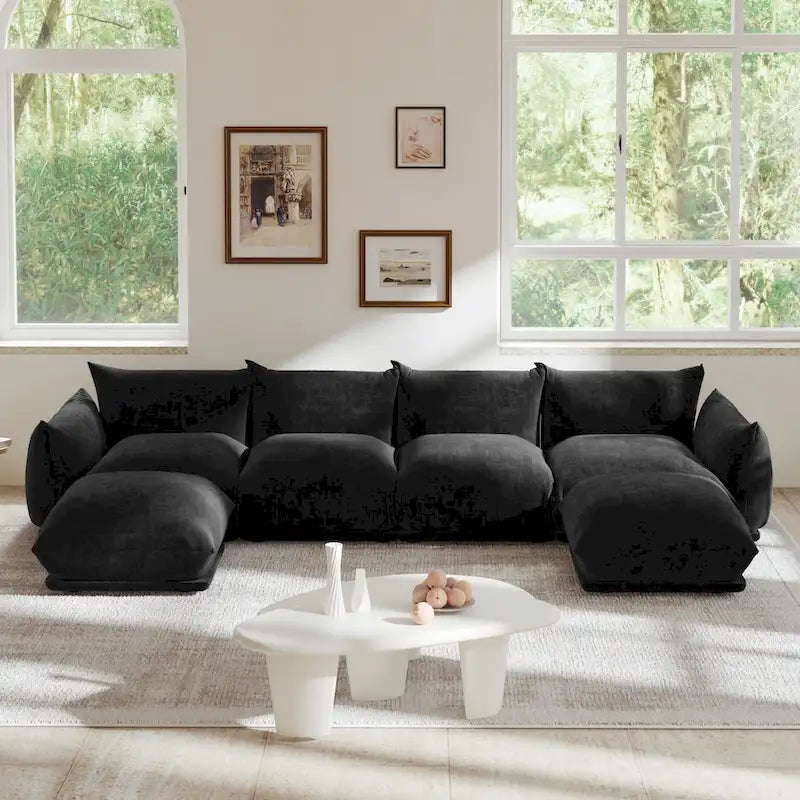 Chenille Fabric Sectional Sofa U-shaped 4-seats Sofa with 2 Ottomans