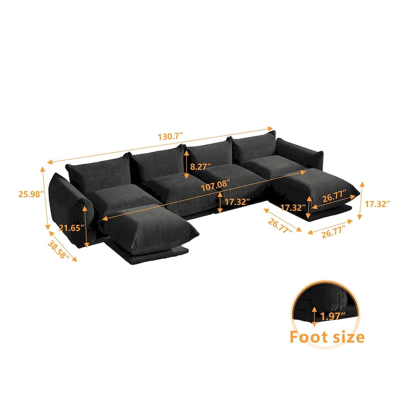 Chenille Fabric Sectional Sofa U-shaped 4-seats Sofa with 2 Ottomans