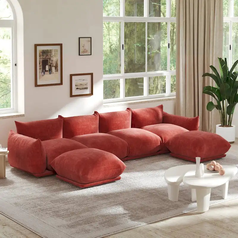 Chenille Fabric Sectional Sofa U-shaped 4-seats Sofa with 2 Ottomans