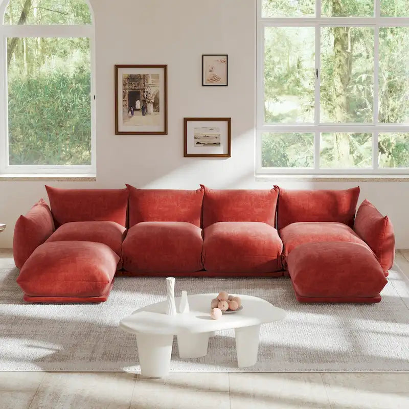 Chenille Fabric Sectional Sofa U-shaped 4-seats Sofa with 2 Ottomans