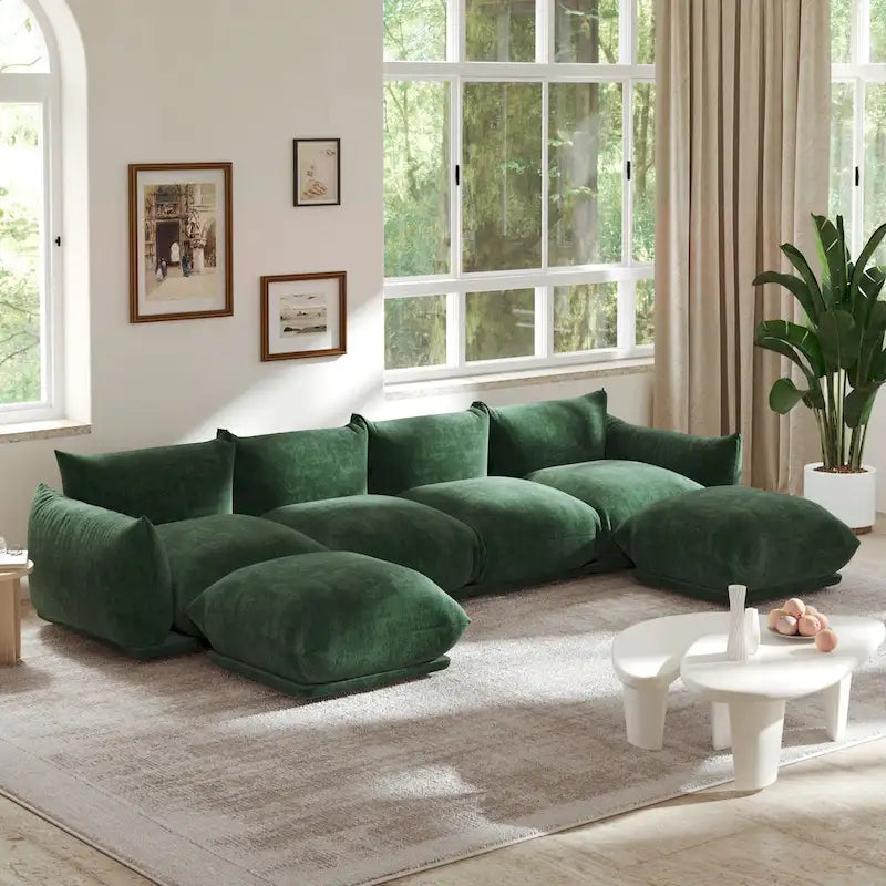 Chenille Fabric Sectional Sofa U-shaped 4-seats Sofa with 2 Ottomans