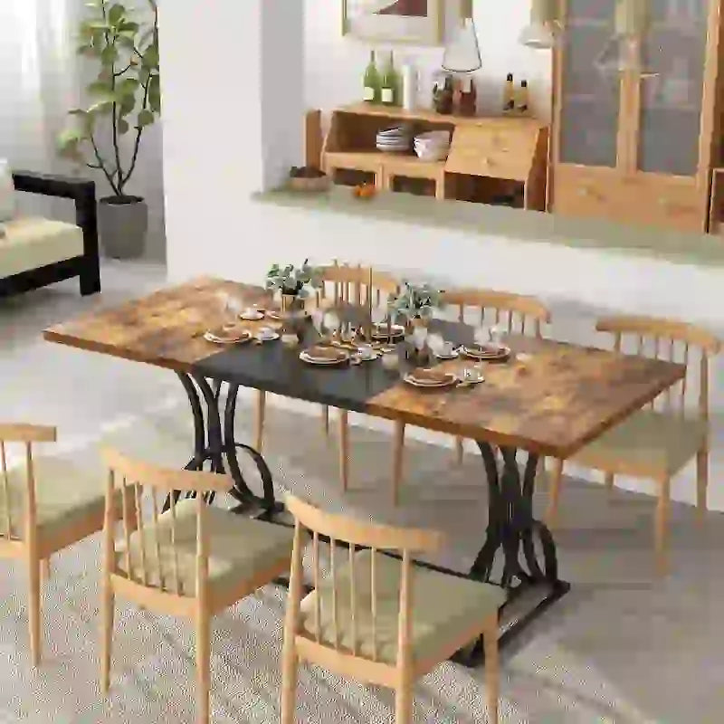 Moasis Farmhouse Rectangular Wood and Metal Dining Table for 6-8 People