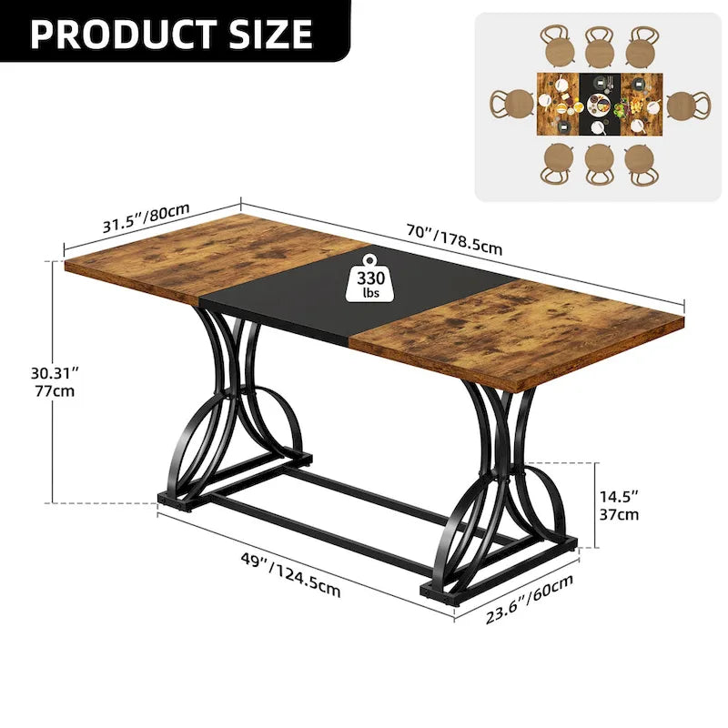 Moasis Farmhouse Rectangular Wood and Metal Dining Table for 6-8 People