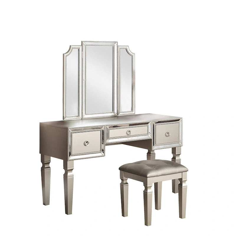 Fabric and Wood Vanity Set with Stool