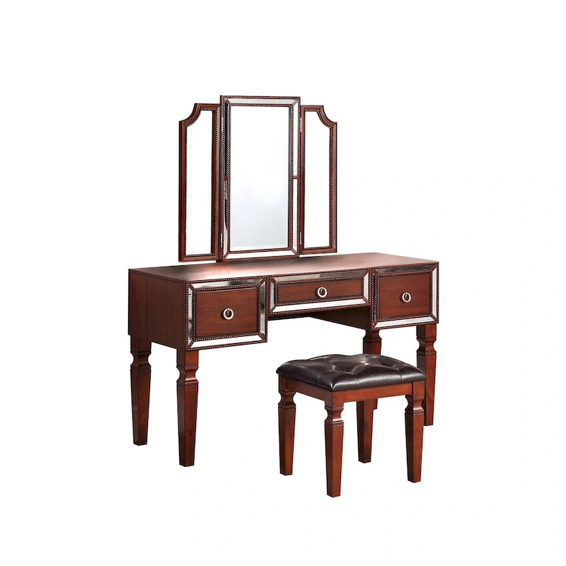 Fabric and Wood Vanity Set with Stool