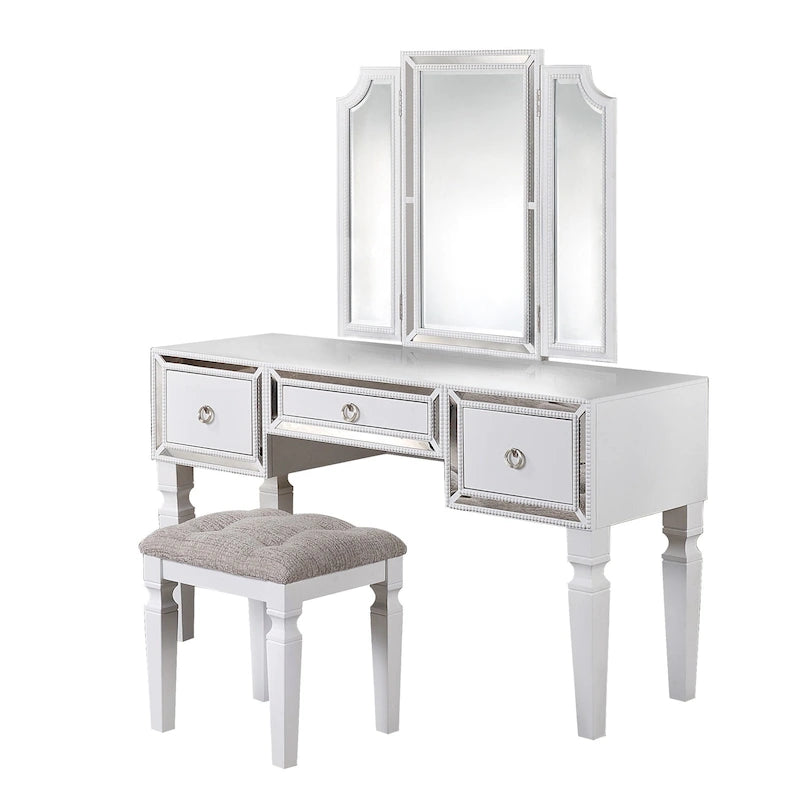 Fabric and Wood Vanity Set with Stool