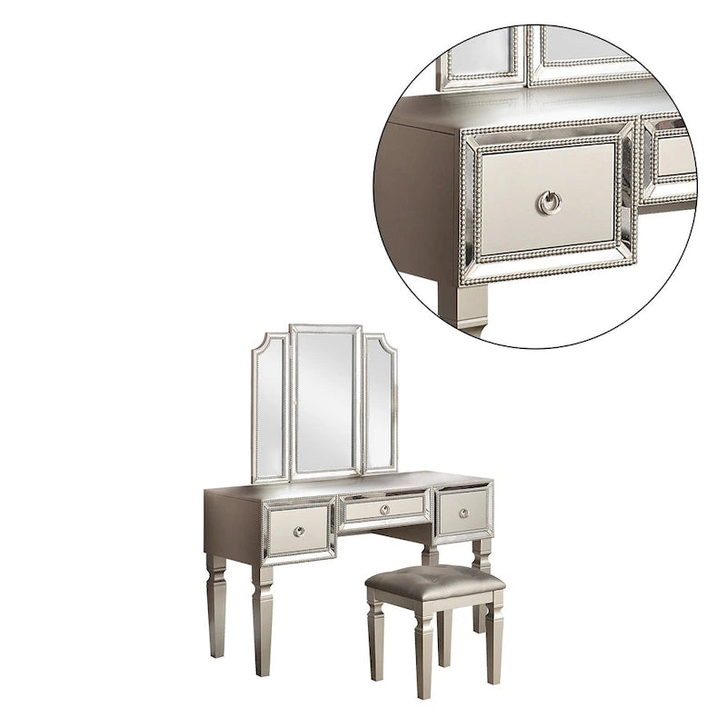 Fabric and Wood Vanity Set with Stool