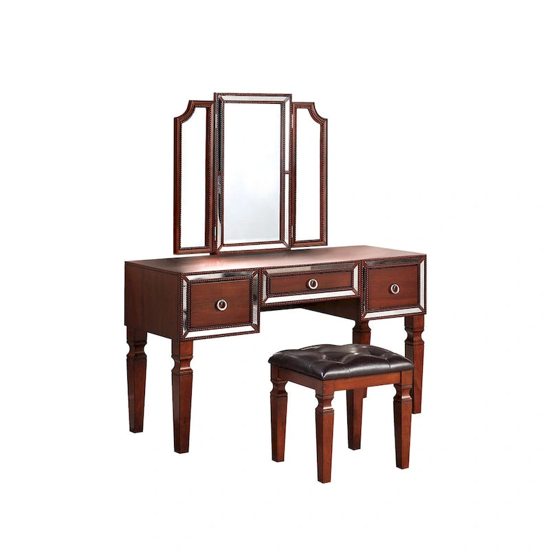 Fabric and Wood Vanity Set with Stool