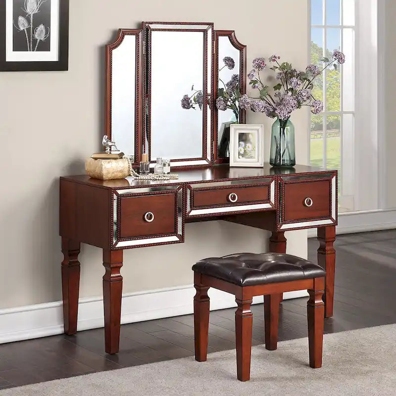 Fabric and Wood Vanity Set with Stool