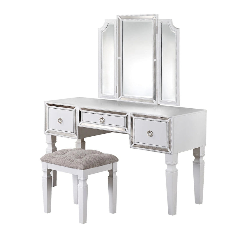 Fabric and Wood Vanity Set with Stool