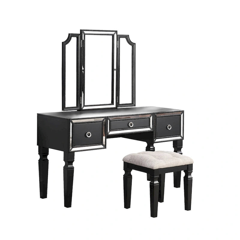 Fabric and Wood Vanity Set with Stool