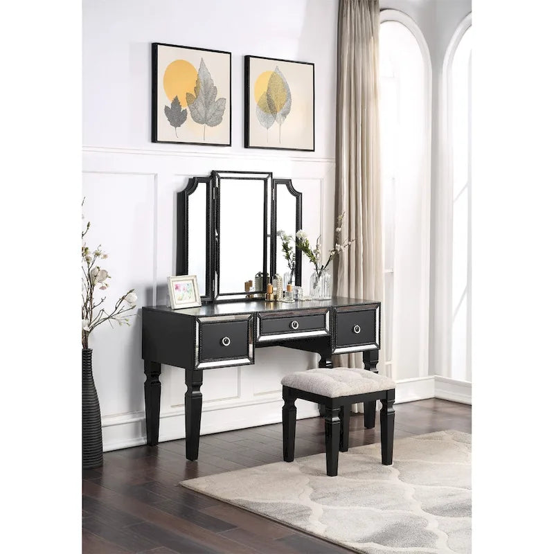 Fabric and Wood Vanity Set with Stool