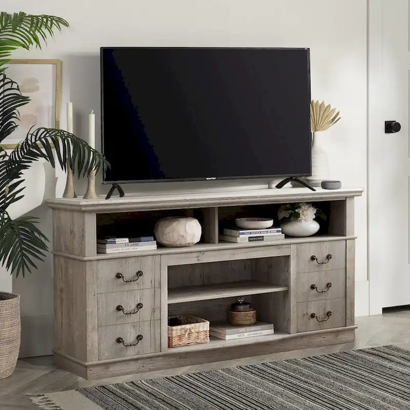 60W Retro TV Stand Entertainment Center, 2 Cabinets&Open Shelves - 60W*15.75D*34.25H