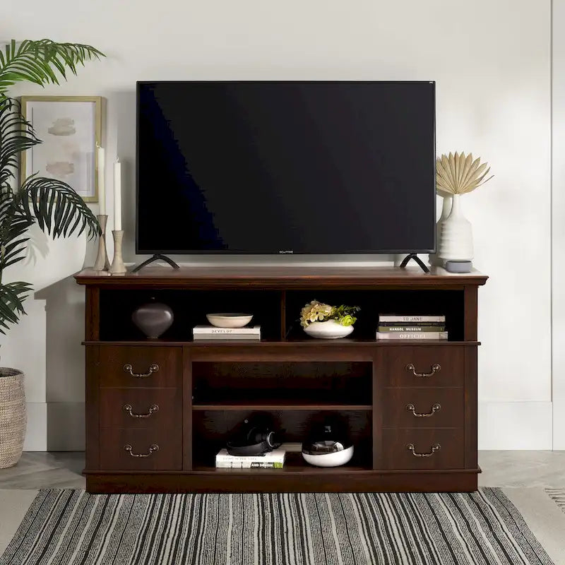 60W Retro TV Stand Entertainment Center, 2 Cabinets&Open Shelves - 60W*15.75D*34.25H