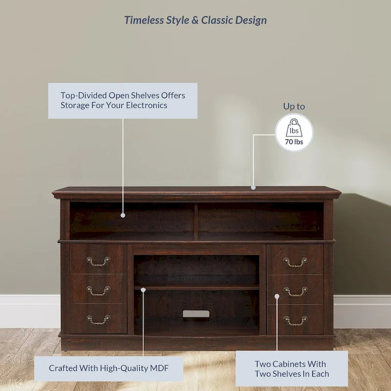 60W Retro TV Stand Entertainment Center, 2 Cabinets&Open Shelves - 60W*15.75D*34.25H