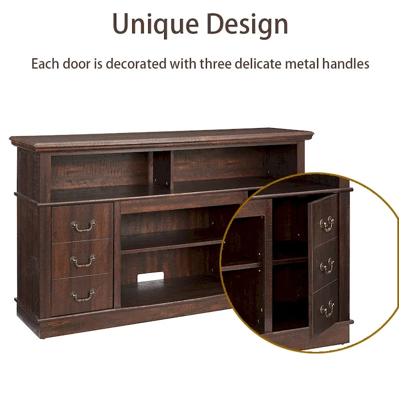 60W Retro TV Stand Entertainment Center, 2 Cabinets&Open Shelves - 60W*15.75D*34.25H