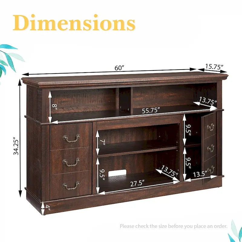 60W Retro TV Stand Entertainment Center, 2 Cabinets&Open Shelves - 60W*15.75D*34.25H