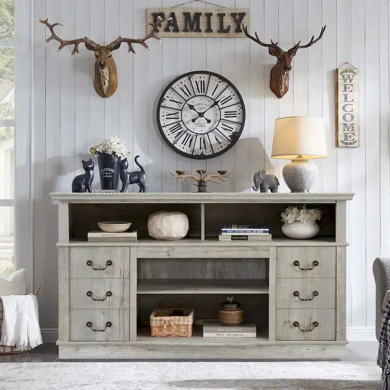 60W Retro TV Stand Entertainment Center, 2 Cabinets&Open Shelves - 60W*15.75D*34.25H