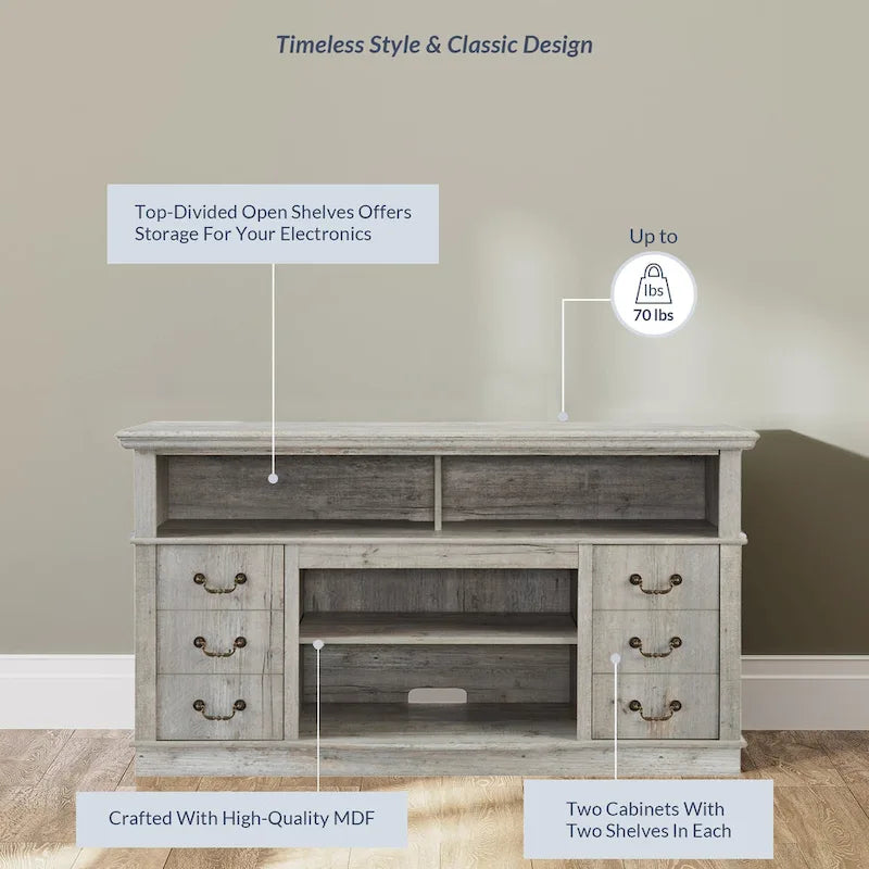 60W Retro TV Stand Entertainment Center, 2 Cabinets&Open Shelves - 60W*15.75D*34.25H