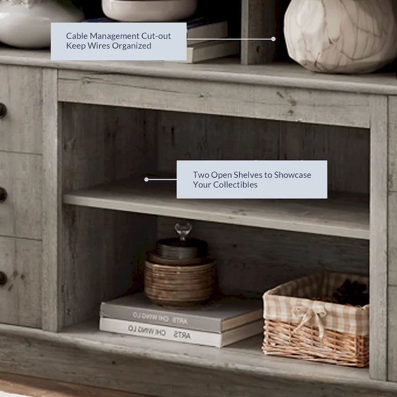 60W Retro TV Stand Entertainment Center, 2 Cabinets&Open Shelves - 60W*15.75D*34.25H