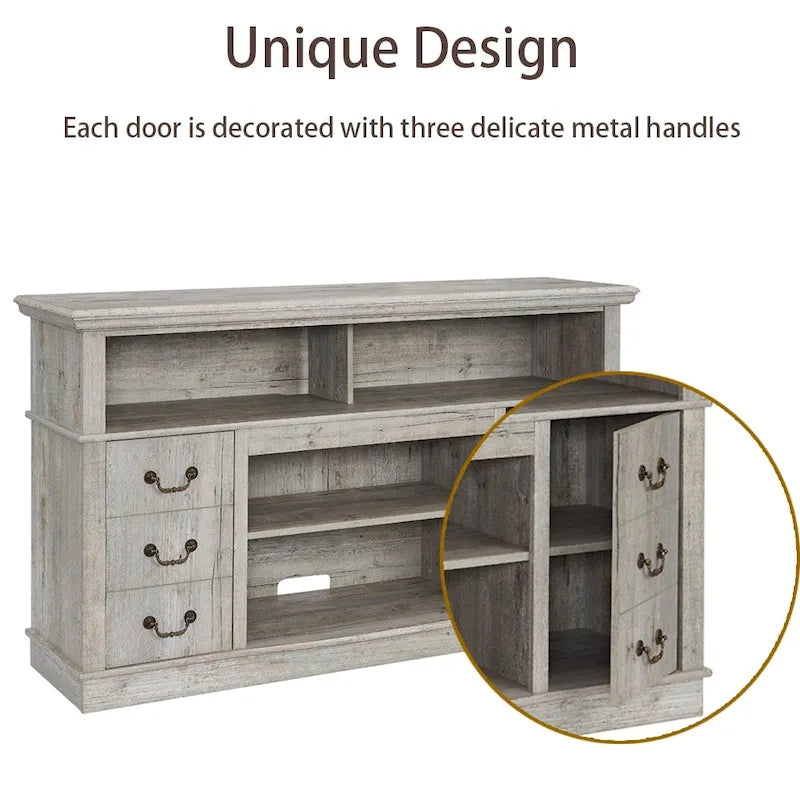 60W Retro TV Stand Entertainment Center, 2 Cabinets&Open Shelves - 60W*15.75D*34.25H