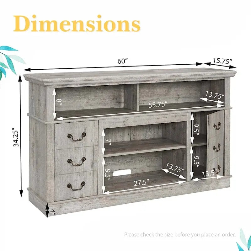 60W Retro TV Stand Entertainment Center, 2 Cabinets&Open Shelves - 60W*15.75D*34.25H