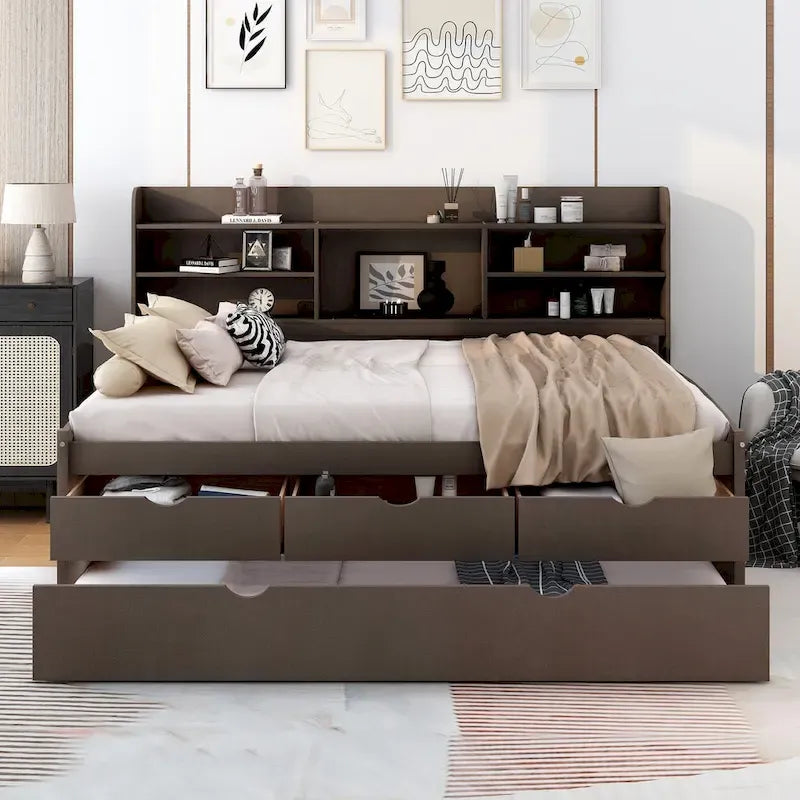 Full Size Wooden Captain Bed with Built-in Bookshelves,Three Storage Drawers and Trundle,Antique Grey