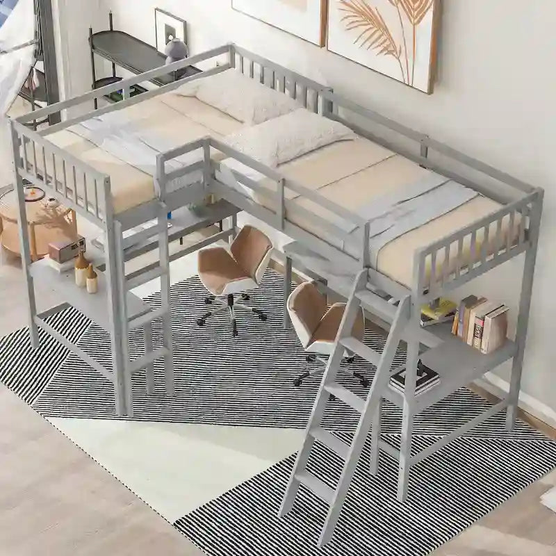 Wood Twin Size L-Shaped Loft Bed with Ladder and 2 Built-in L-Shaped Desks, Gray