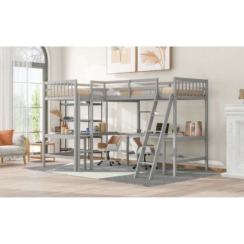 Wood Twin Size L-Shaped Loft Bed with Ladder and 2 Built-in L-Shaped Desks, Gray