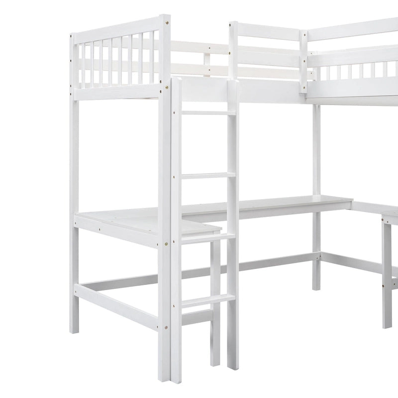 Wood Twin Size L-Shaped Loft Bed with Ladder and 2 Built-in L-Shaped Desks, Gray