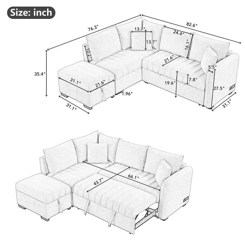 82.6 L-shaped Sectional Pull Out Sofa Bed Sleeper Sofa with Two USB Ports, Two Power Sockets and a Movable Storage Ottoman, Bei