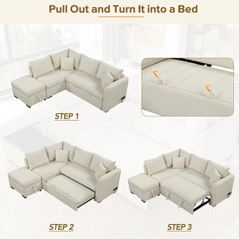 82.6 L-shaped Sectional Pull Out Sofa Bed Sleeper Sofa with Two USB Ports, Two Power Sockets and a Movable Storage Ottoman, Bei