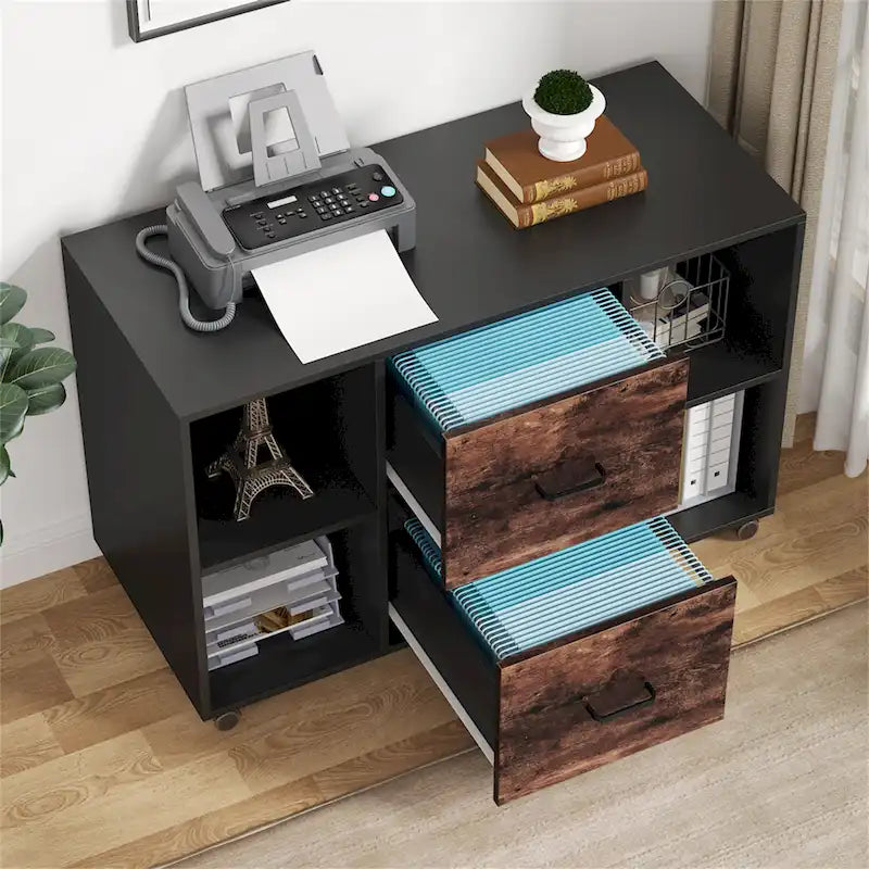 Black/ White Modern File Cabinet with 2 Drawers and 4 Open Shelves Wood Office Storage Cabinet