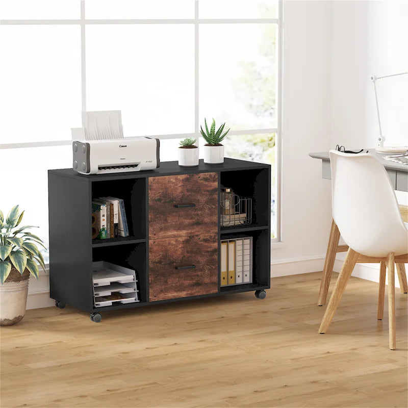 Black/ White Modern File Cabinet with 2 Drawers and 4 Open Shelves Wood Office Storage Cabinet