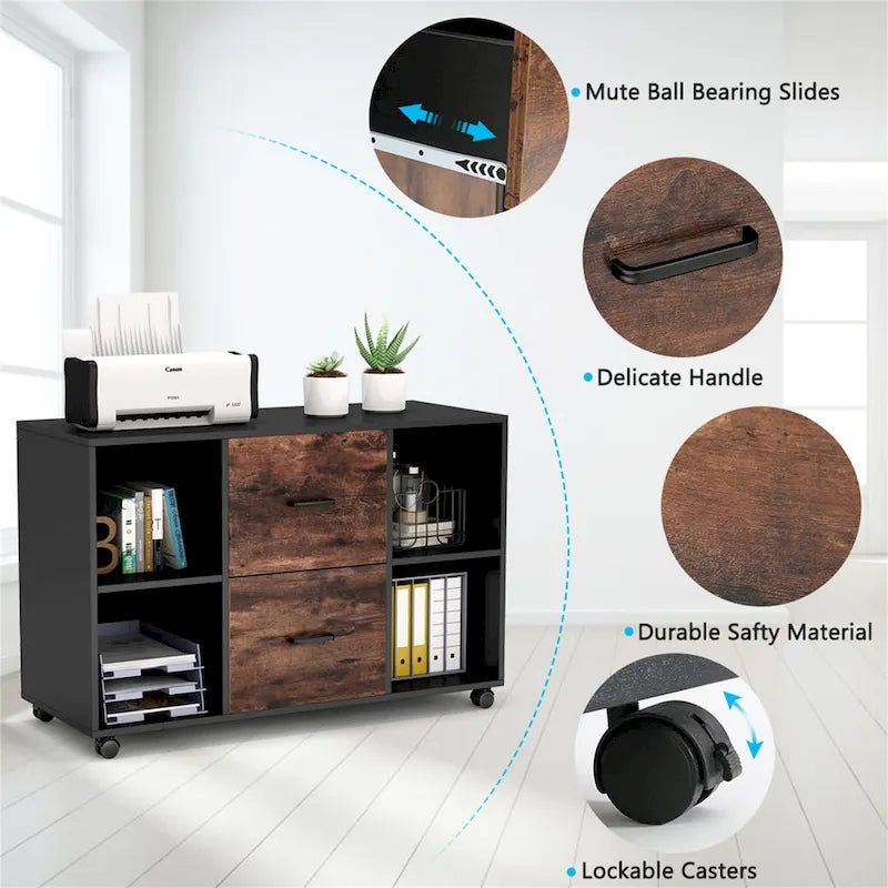 Black/ White Modern File Cabinet with 2 Drawers and 4 Open Shelves Wood Office Storage Cabinet