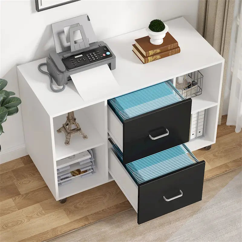 Black/ White Modern File Cabinet with 2 Drawers and 4 Open Shelves Wood Office Storage Cabinet