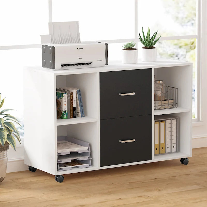 Black/ White Modern File Cabinet with 2 Drawers and 4 Open Shelves Wood Office Storage Cabinet