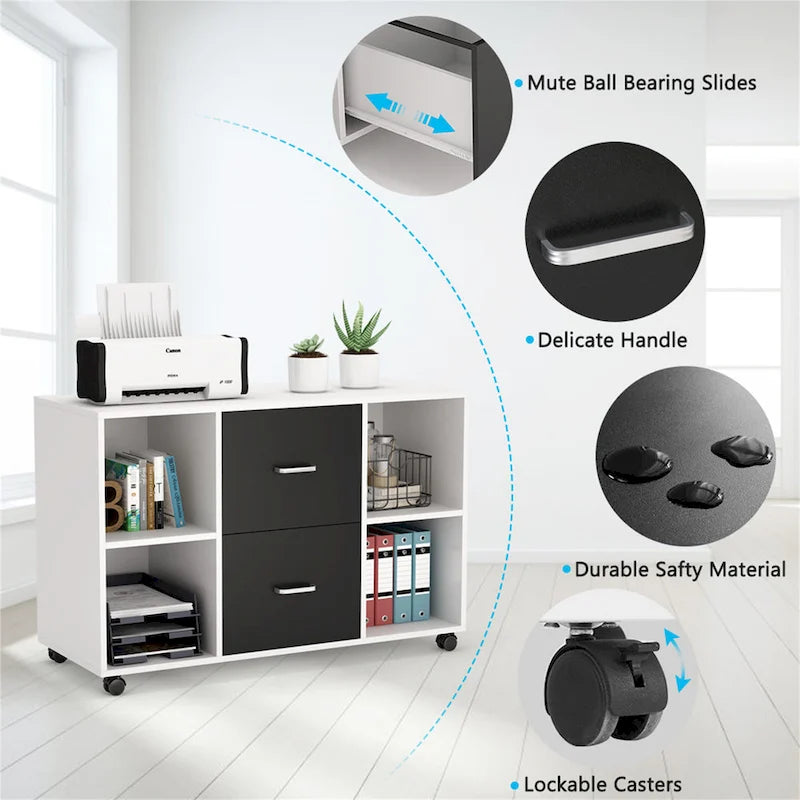 Black/ White Modern File Cabinet with 2 Drawers and 4 Open Shelves Wood Office Storage Cabinet